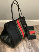 Load image into Gallery viewer, Black Metallic Red & Green Stripe Neoprene Tote