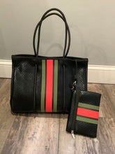 Load image into Gallery viewer, Black Metallic Red & Green Stripe Neoprene Tote