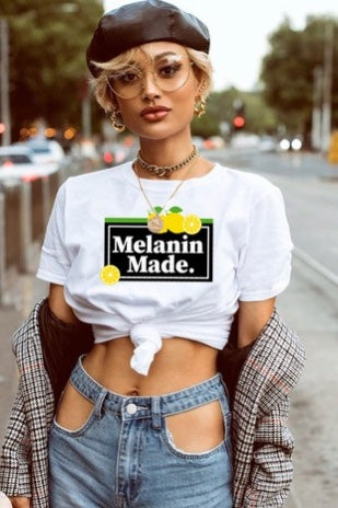 Melanin Made Tee shirt with Bold Melanin hight lighted words and bright yellow Lemons 