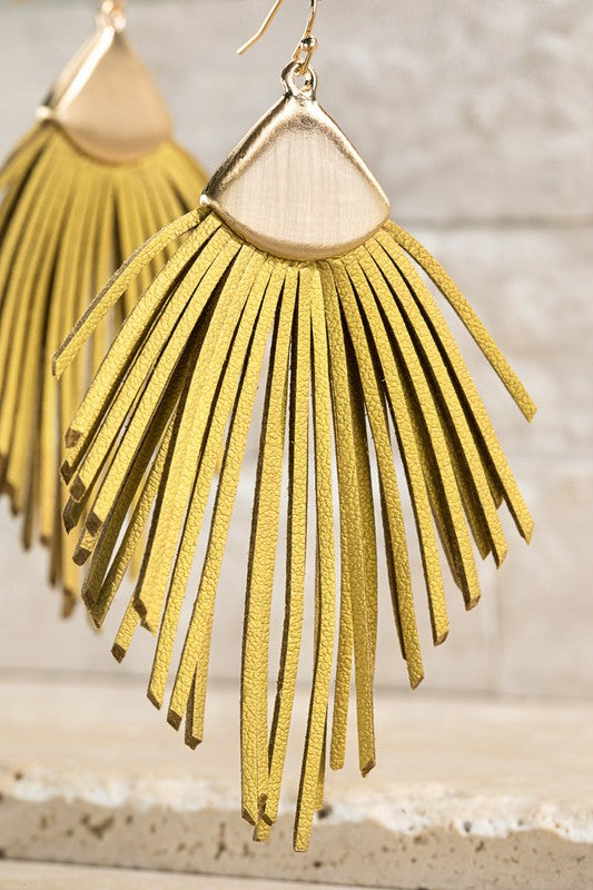 Gold Faux Leather Tassel & Feather Earrings